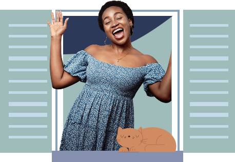 woman opens an window and laugh